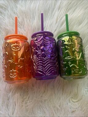 Halloween Spiderweb & Pumpkin Glass Jar Tumbler - Orange, Purple, Green